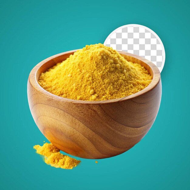 Wooden bowl of turmeric isolated on transparent background