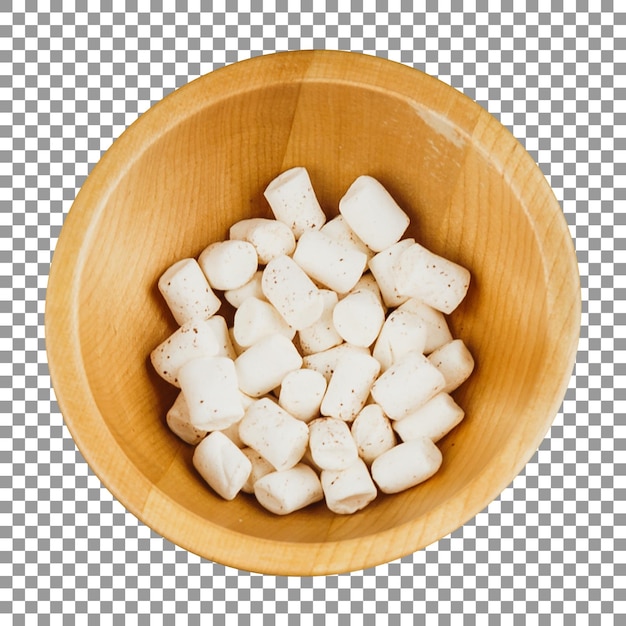 Wooden bowl with marshmallows isolated on transparent background