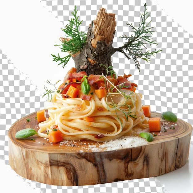 PSD a wooden bowl with noodles and vegetables on it with a tree in the background