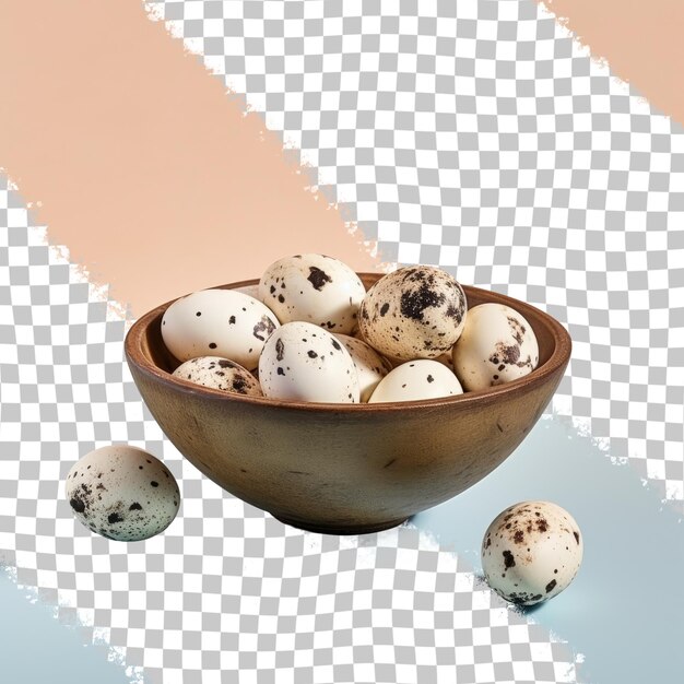 PSD wooden bowl with quail eggs on transparent background food presentation