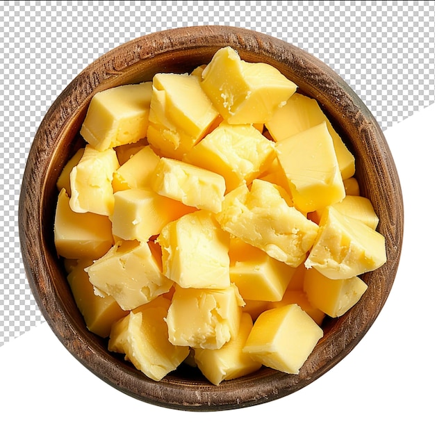 PSD a wooden bowl with yellow cheese in it and a white background