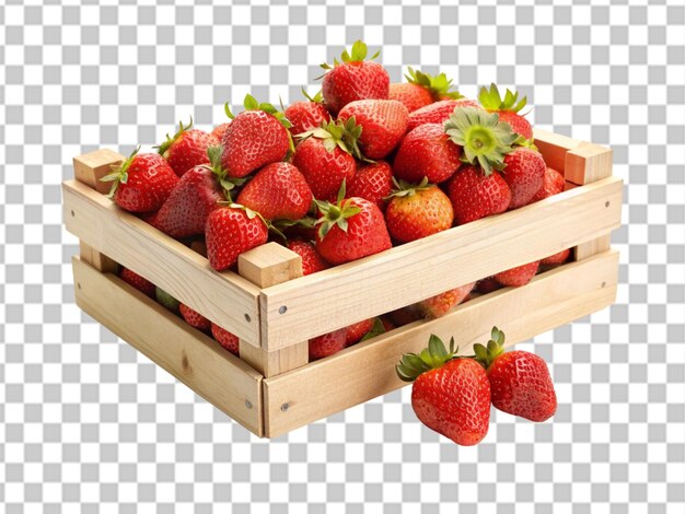 PSD wooden box full of fresh strawberries isolated on transparent background