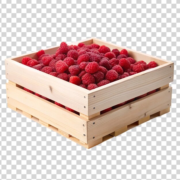 Wooden box full of raspberries isolated on a transparent background