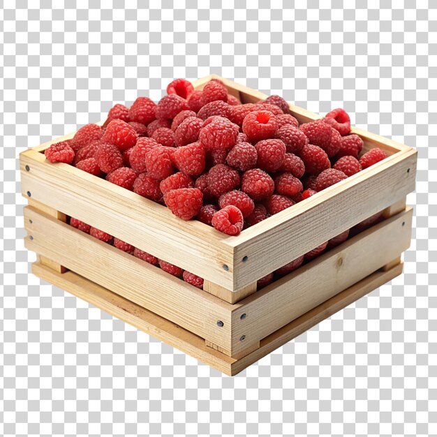 Wooden box full of raspberries isolated on a transparent background