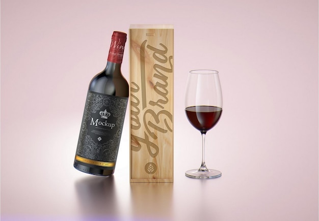 Scatola di legno e bottiglia di vino rosso mockup