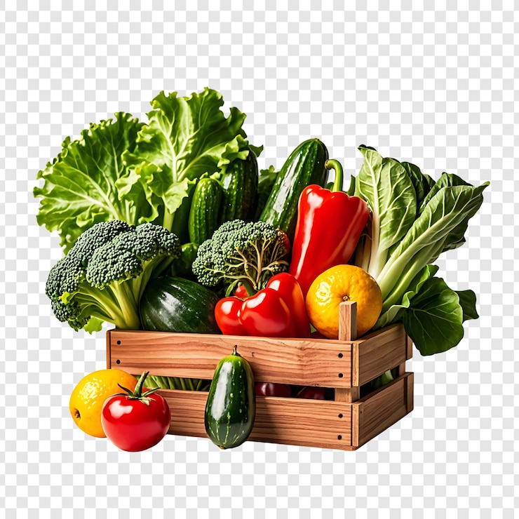 PSD wooden box with fresh vegetables and fruit isolated on a transparent background