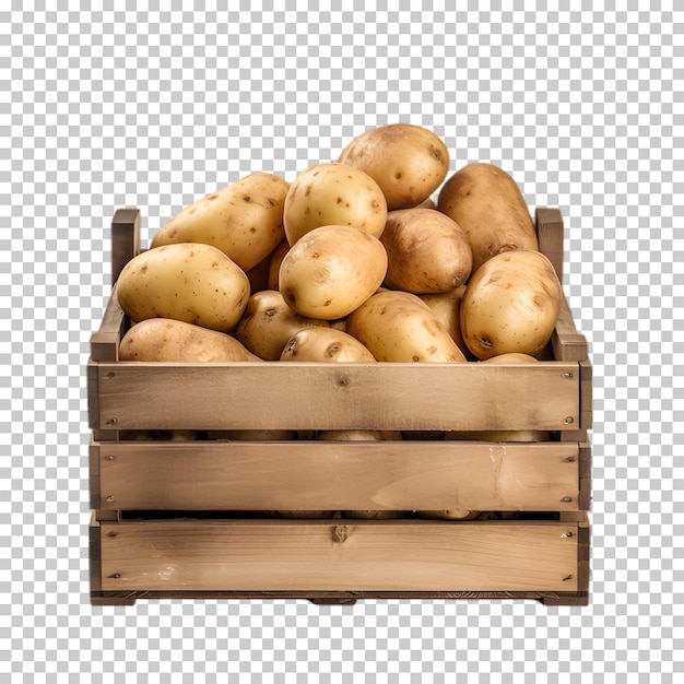 PSD wooden box with potatoes isolated on transparent background