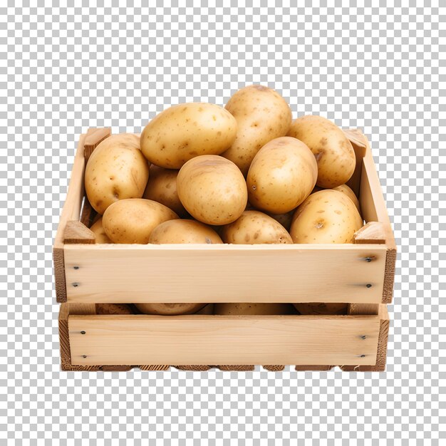 PSD wooden box with potatoes isolated on transparent background