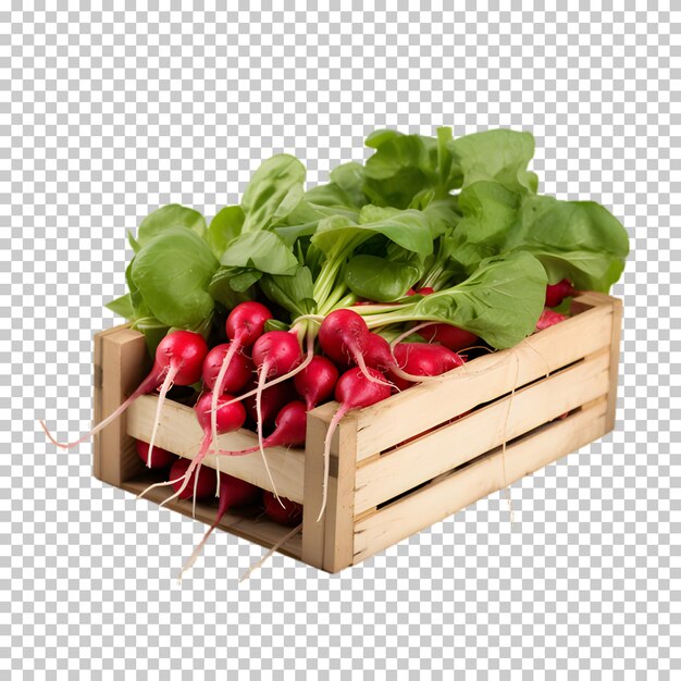 PSD wooden box with radishes isolated on transparent background