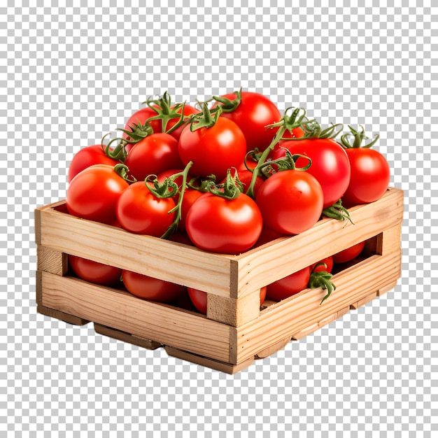 PSD Деревянная коробка с томатами, выделенными на прозрачном фоне