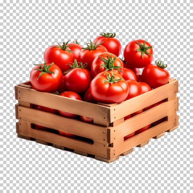 PSD wooden box with tomatoes isolated on transparent background