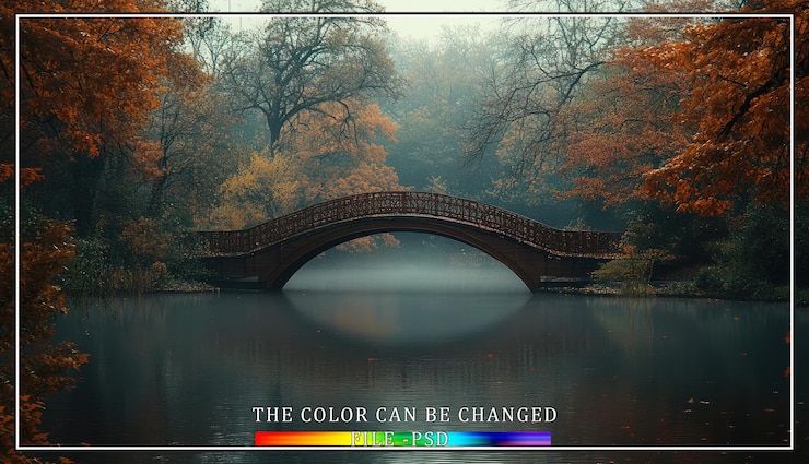 PSD a wooden bridge arches over a misty lake in an autumnal forest