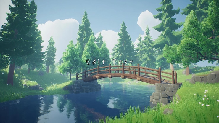 PSD wooden bridge over calm river in idyllic forest