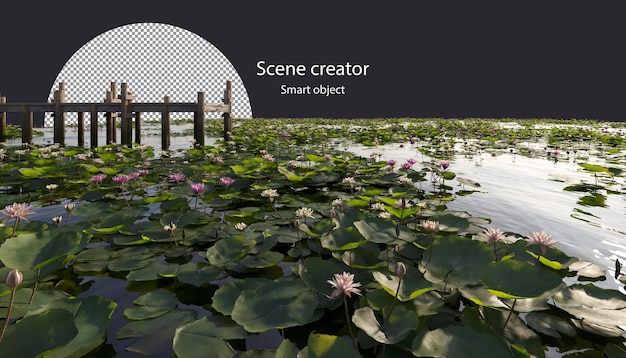 PSD wooden bridge in lake surrounded by variety of water plants