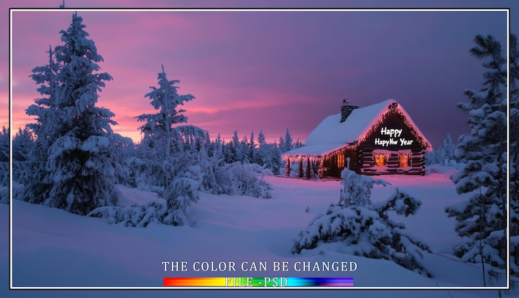 PSD a wooden cabin decorated with lights for the holidays sits in a snowy forest at sunset