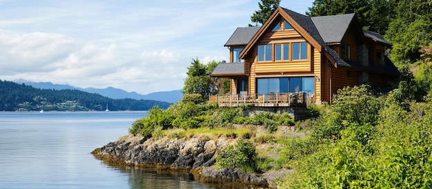Wooden Cabin on a Cliff Overlooking a Calm Inlet
