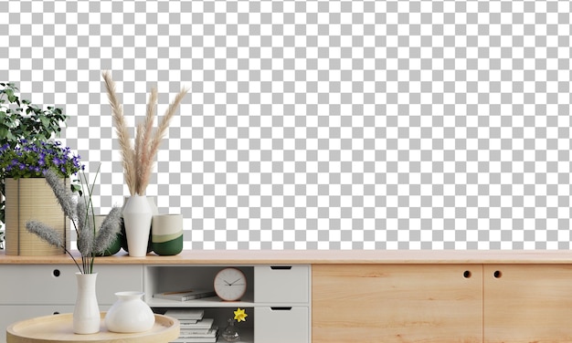 PSD Декорация деревянного шкафа и аксессуаров на прозрачном фоне3d rendering