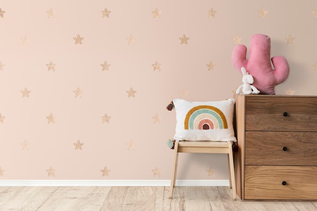 Wooden cabinet psd in minimal girl&amp;rsquo;s room