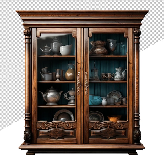 PSD a wooden cabinet with a glass door that says a teapot