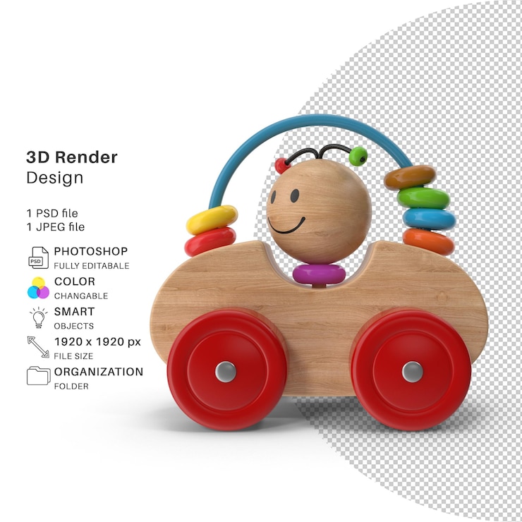 PSD игра «деревянная машина» для детей. 3d-моделирование psd-файла. реалистичная деревянная машина.