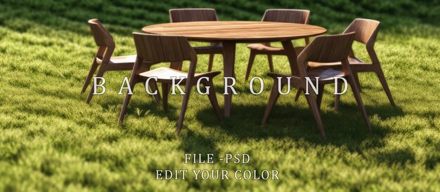 PSD wooden chairs and a brown round table on green grass