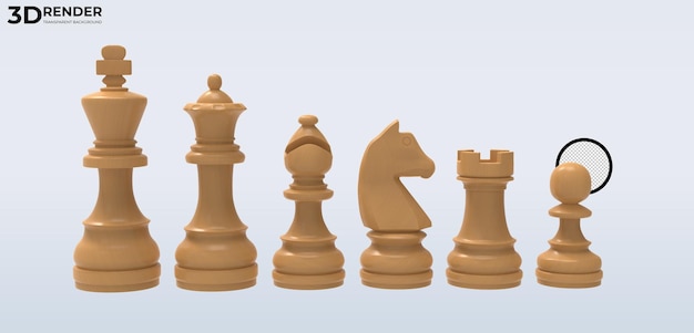 Wooden chess pieces 3d renders a transparent background