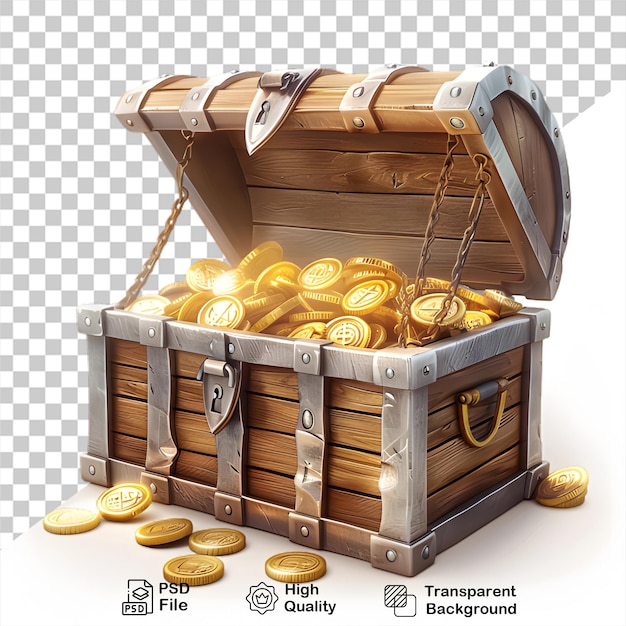 PSD a wooden chest with gold coins on transparent background