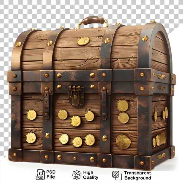 A wooden chest with gold coins on transparent background