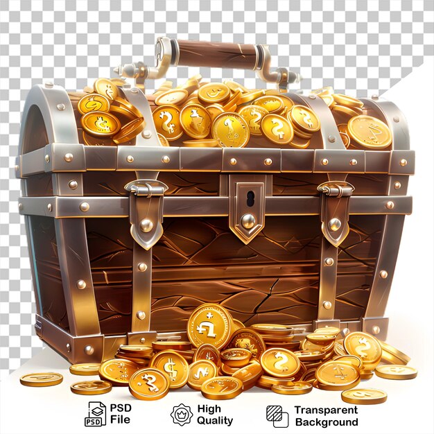 PSD a wooden chest with gold coins on transparent background