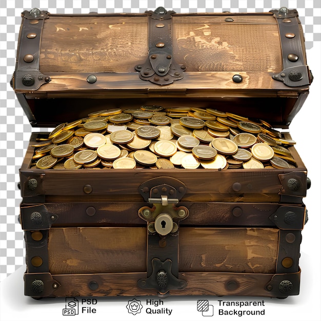 PSD a wooden chest with gold coins on transparent background