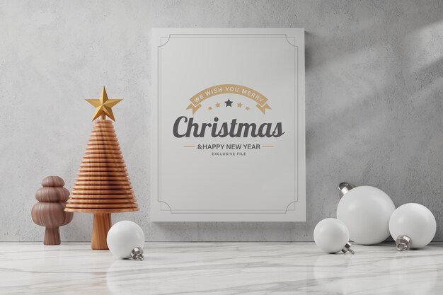 Wooden Christmas tree and white greeting card, merry Christmas and happy new year concept