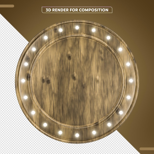 Wooden circular sign with led lights 3d render