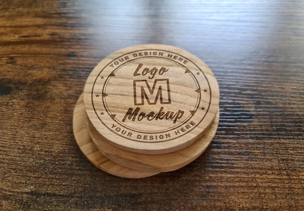 Wooden coaster with engraved logo mockup