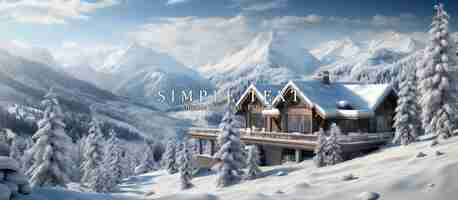 PSD wooden cottage amid snowladen conifers on a mountain