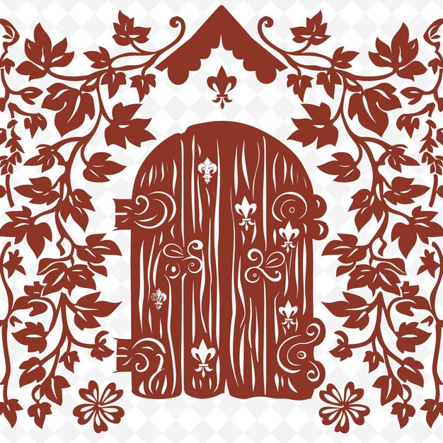 PSD wooden cottage outline with vine carvings and fleur de lis illustration frames decor collection