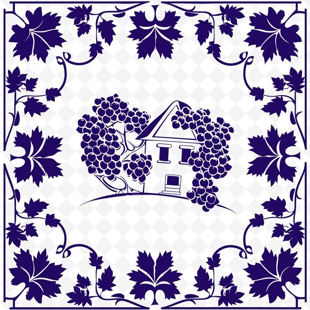 PSD contorno di cottage in legno con cornice di vite e simbolo d'uva per la collezione di cornici decorative di illustrazione