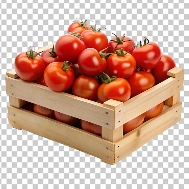 PSD Деревянный ящик, полный свежих зрелых красных помидоров, выделенных на прозрачном фоне