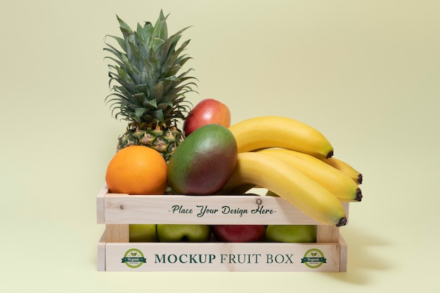 Wooden crate mock-up with exotic fruits