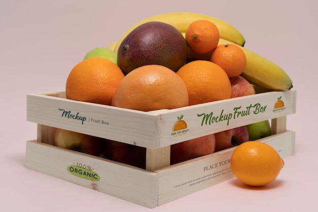 Wooden crate mock-up with exotic fruits