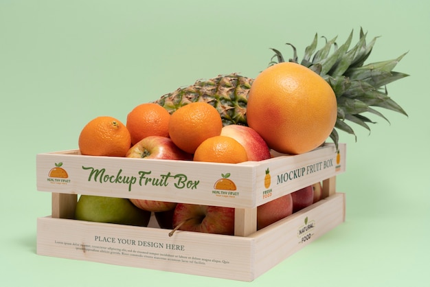 PSD wooden crate mock-up with exotic fruits