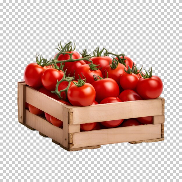 PSD Деревянный ящик с свежими помидорами, выделенными на прозрачном фоне