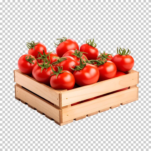 Wooden crate with fresh tomatoes isolated on transparent background