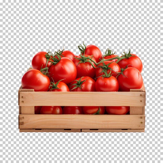 PSD wooden crate with fresh tomatoes isolated on transparent background