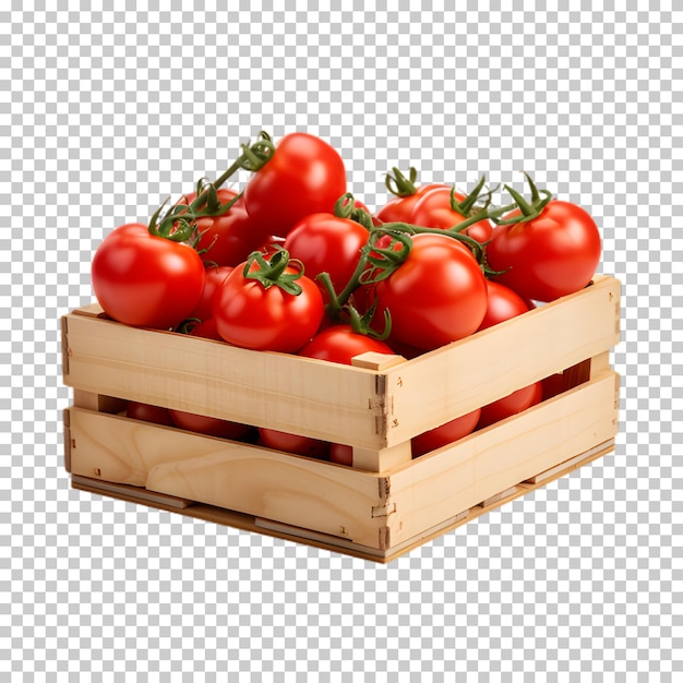 PSD wooden crate with fresh tomatoes isolated on transparent background