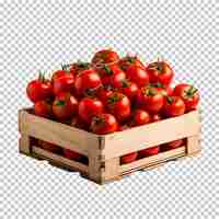 PSD wooden crate with fresh tomatoes isolated on transparent background