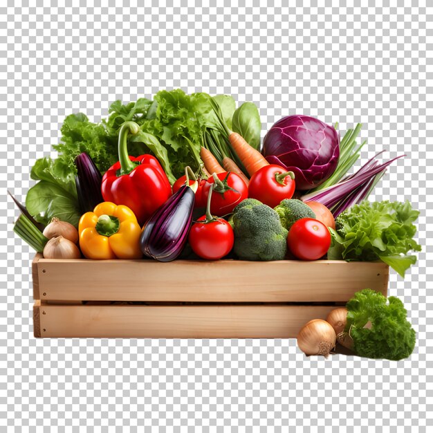 PSD wooden crate with fresh vegetables isolated on transparent background food concept png