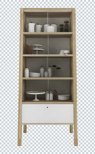 Wooden cupboard and glass, plates storage. Transparent.