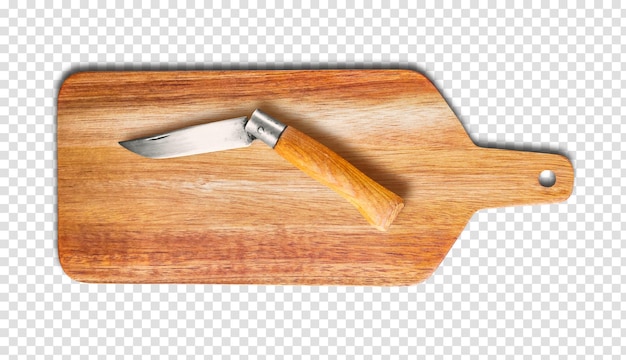 Wooden cutting board and pocket knife isolated on white