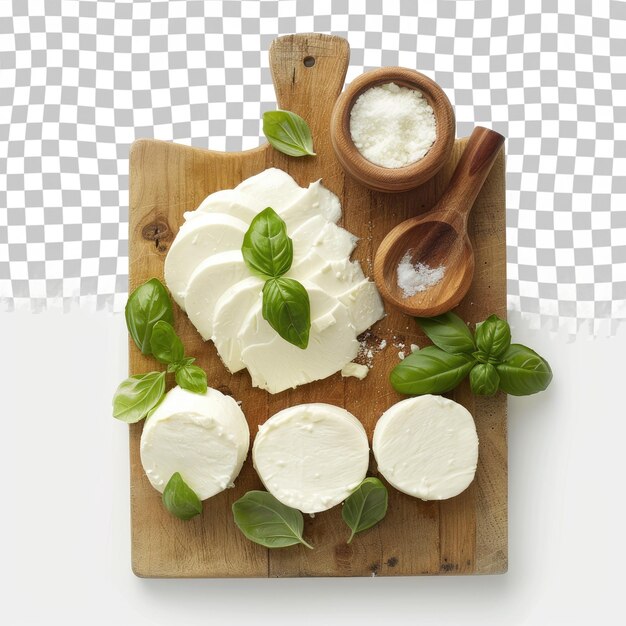 PSD a wooden cutting board with cheese and mint leaves on it