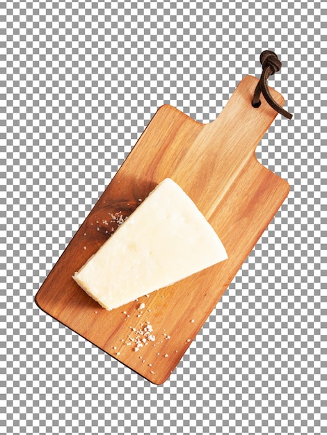 PSD wooden cutting board with a piece of cheese on transparent background